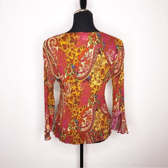 Alberto Makali red gold mixed floral print sequin crinkle top size Large - Picture 16 of 16